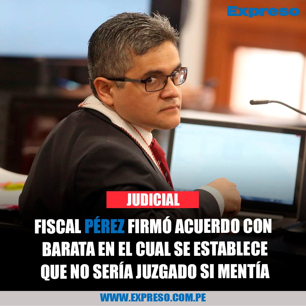 ExpresoPeru's tweet photo. 📌 El periodista Umberto Jara reveló que el fiscal José Domingo Pérez firmó un acuerdo de colaboración eficaz con Odebrecht en el cual se suscribe el compromiso de los fiscales peruanos de no utilizar pruebas contra Jorge Barata, con lo cual éste puede mentir y hasta entregar documentos falsos, sin que sea juzgado o procesado por ello.

📸 Foto: Difusión.

📲 Lee la nota completa aquí: https://t.co/IbMA2CwaPF