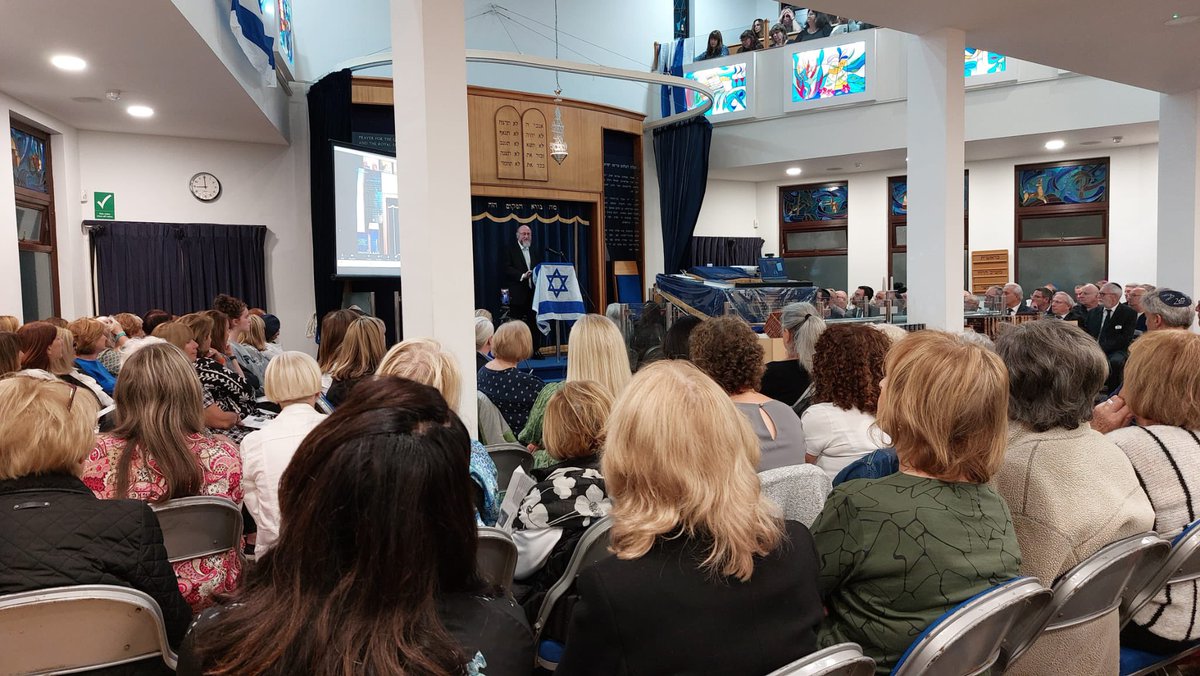 chiefrabbi's tweet photo. “Wherever I go, there is standing room only, as the UK Jewish community declares "Israel, we are with you!"”

Yet another remarkable prayer service, hosted by the Bushey Jewish community in solidarity with Israel in the presence of Home Secretary @SuellaBraverman and the Deputy Prime Minister @OliverDowden