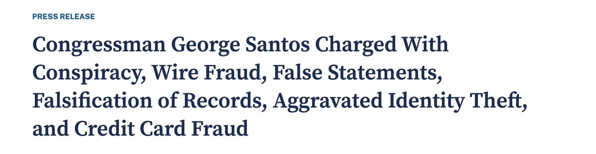 Phil_Lewis_'s tweet photo. Congressman George Santos charged with conspiracy, wire fraud, false  statements, falsification of records, aggravated identity theft, and  credit card fraud

https://t.co/lrD0ZRHZfO https://t.co/OwXARkFoqy