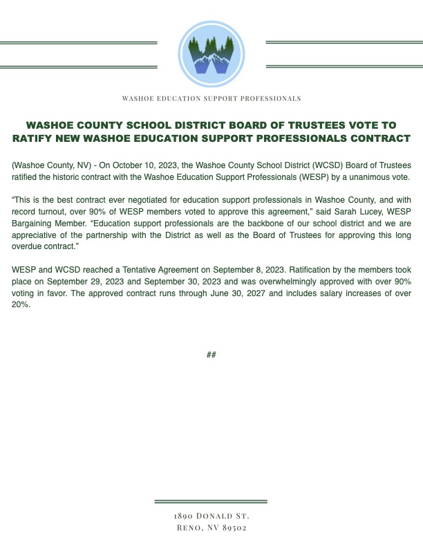 Release: @WashoeSchools Board of Trustees Unanimously Vote to Ratify New WESP Contract #TimeFor20