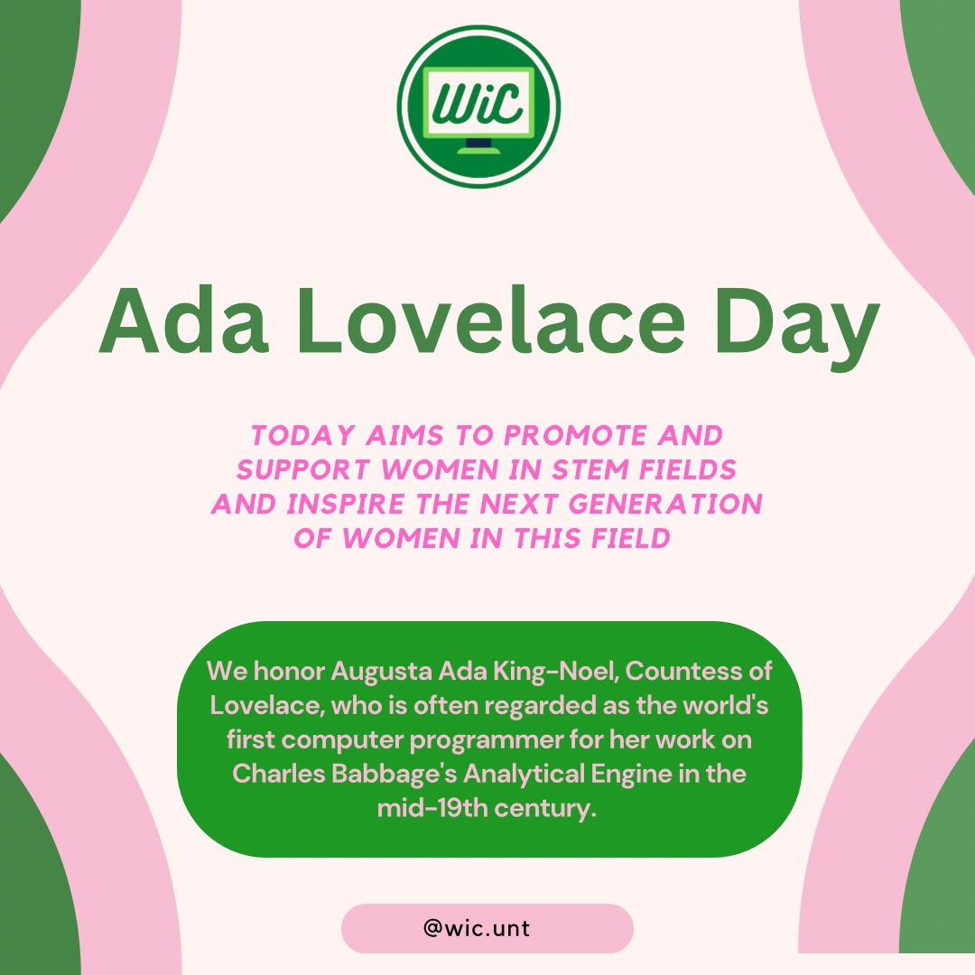 unt_wic's tweet photo. Today 10th October, we honor Augusta Ada King-Noel, Countess of Lovelace, who is often regarded as the world's first computer programmer for her work on Charles Babbage's Analytical Engine in the mid-19th century.

#Lovelace is an inspiration to us as young women in Tech/STEM! https://t.co/CClTPh4Fkt