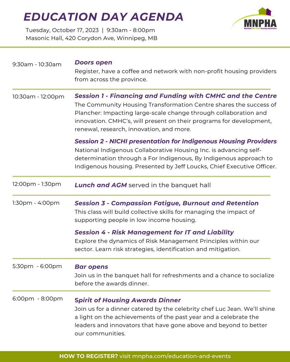Tuesday, October 17th is Education Day, which includes our Networking, AGM, workshops, presentations by @CMHC_ca @Cntr_support @NICHI_housing 
and Spirit of Housing Awards. 

Deadline to register is October 13th at 1pm. mnpha.com/education-and-…