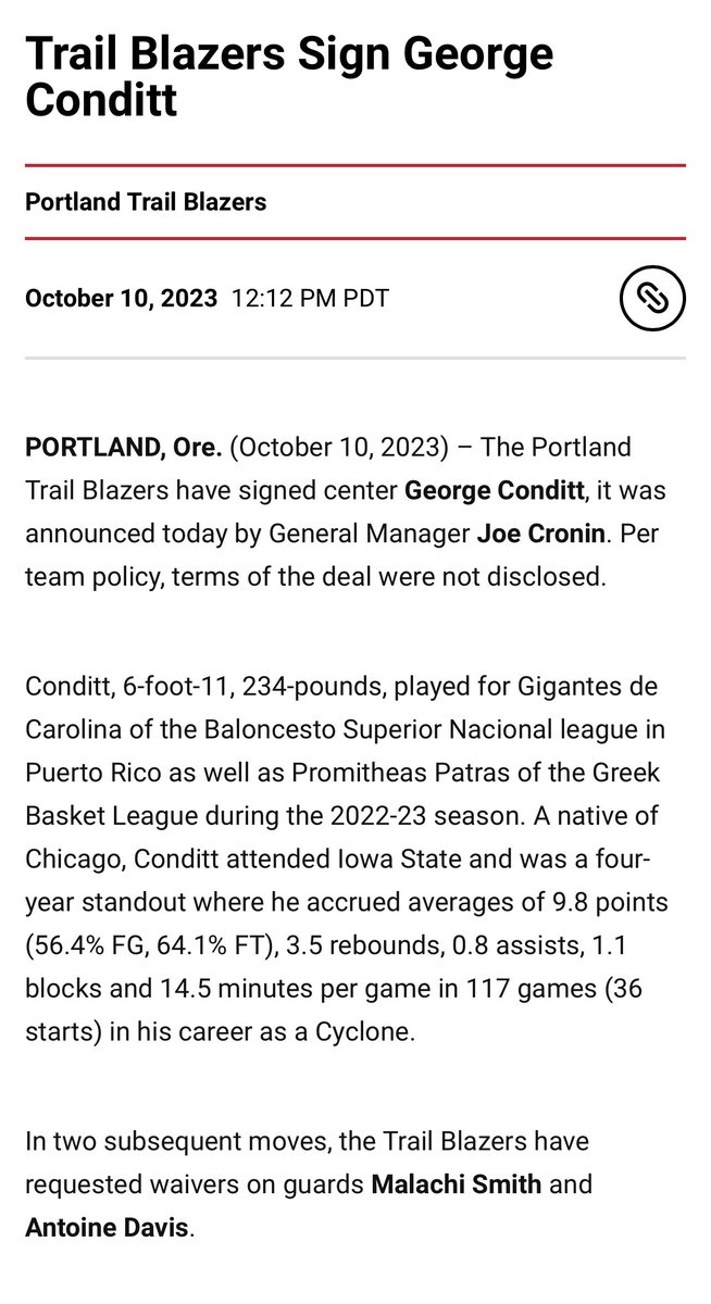 #NBA | OFICIAL: Los Portland Trailblazers anuncian la firma del centro boricua George Conditt IV.