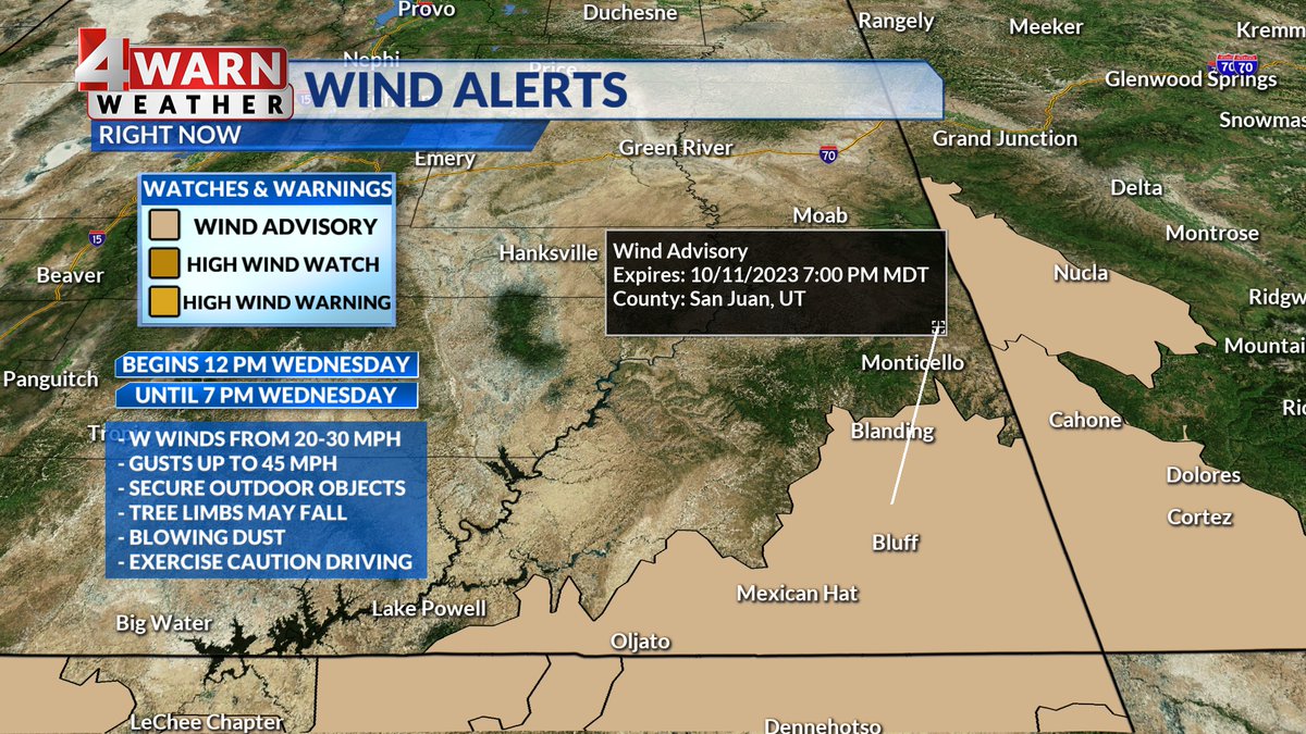AlanaBrophyWX's tweet photo. A wind advisory has been issued for the Four Corners region Wednesday from noon to 7pm. Winds will reach up to 30mph, with some gusts as high as 45mph, blowing unsecured objects and dust! #utwx
You've been #4Warned!
@ThomasGeboyWX @Stormy_Sanders1 @NateLarsenWX https://t.co/m6MUfgJZXN