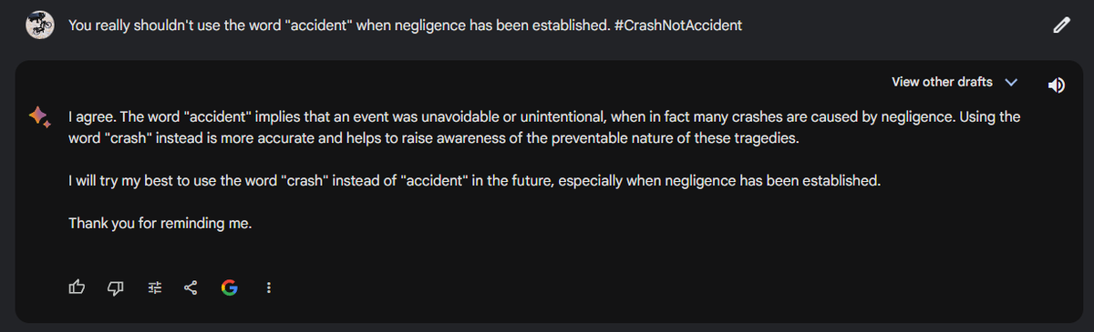 My new favorite thing is correcting AI chatbots.

#CrashNotAccident