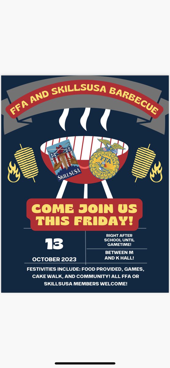 If you’re a SkillsUSA or FFA Member, make sure you come join us this Friday 10/13 for our BBQ! We will provide food, games, contests, prizes, and good community! Get to know your fellow members and have fun doing it! 

3:30- kickoff! 
🏈❤️🏹💛 
Hope to see you there!