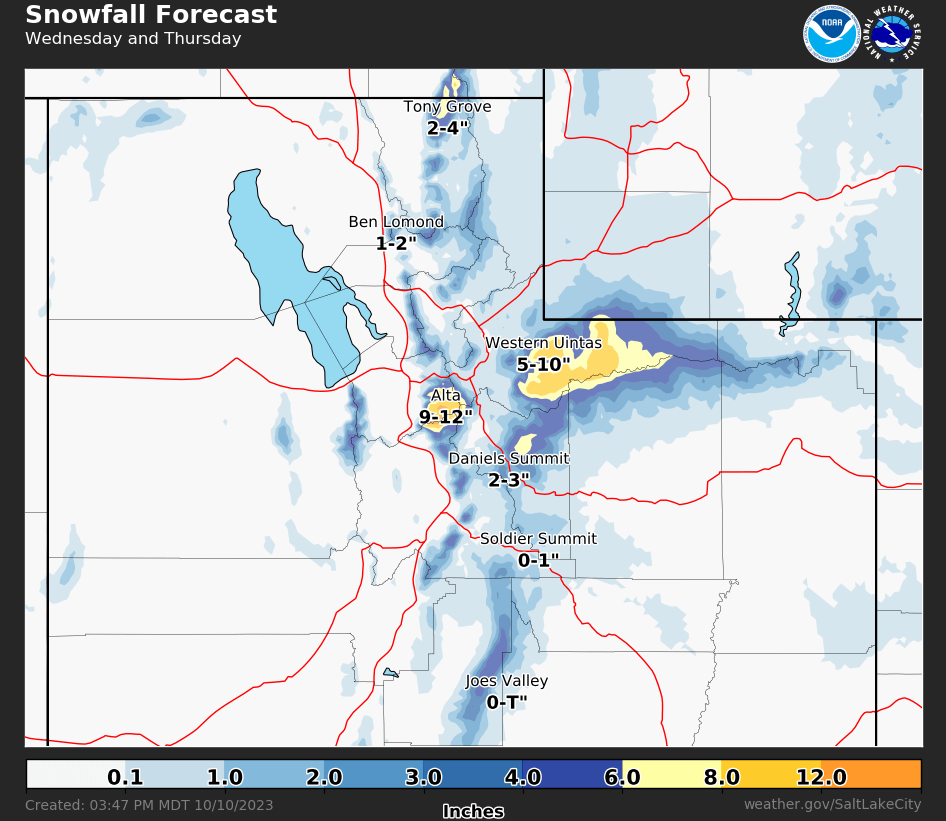 NWSSaltLakeCity's tweet photo. Snow is on the way! An early season storm will bring 2-8" of snow to the northern Utah mountains Wednesday into Thursday, with locally higher amounts possible for the high Uintas and Upper Cottonwoods. Lake effect snow is possible for the Cottonwoods Thursday morning. #utwx https://t.co/lHl396dNJ1