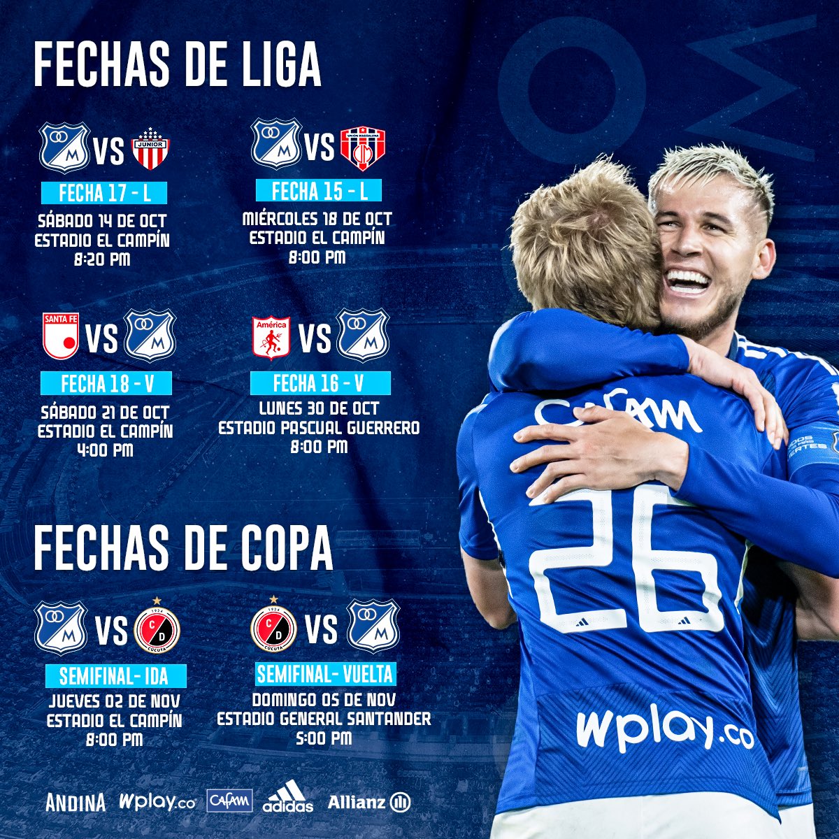 ¡Vamos todos unidos en Liga y Copa! Ⓜ️⚽️🔥

🗓️▶️ Esta es la programación para los próximos 4 partidos de Liga y las SemiFinales de Copa. 

💙🔝 ¡VAMOS MILLONARIOS! 🔝💙