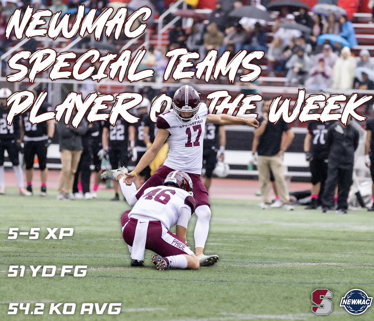 _SCFootball's tweet photo. Congratulations to Christian Hutra on EARNING another NEWMAC Special Teams Athlete of The Week honor for the Pride‼️Hutra hit a career long 51 yard FG and accounted for 8 points for Team 133 this past week‼️🔻 #STPOTW #BROTHERHOOD 

🔗 : https://t.co/o4xsiYCzHE https://t.co/3ooZgobZdK