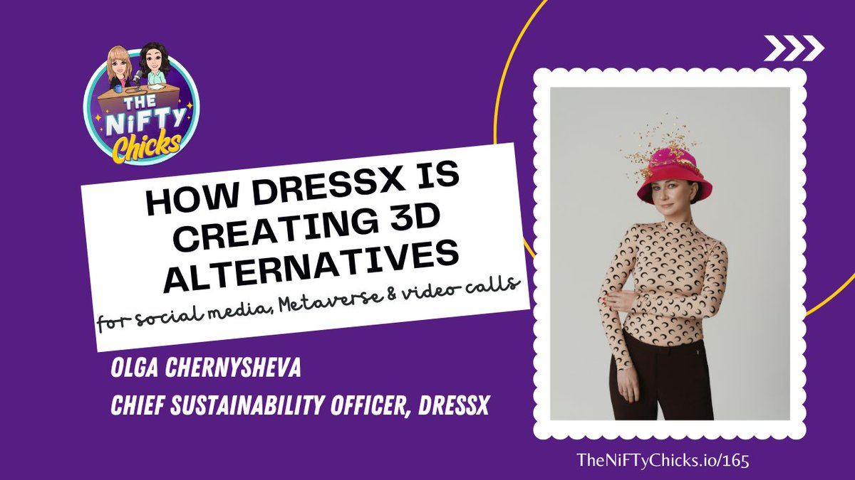 🎧🌟 Dive into #digitalfashion with Olga Chernysheva <a href="/TheOlgaverse/">theolgaverse</a> Chief Sustainability Officer at <a href="/DressX/">AndyG 💎</a>. Learn how DressX is reshaping the fashion landscape w/ 3D alternatives &amp; the metaverse 🚀

Listen to the #DressX episode: TheNiFTyChicks.io/165

#DressX #FashionTech