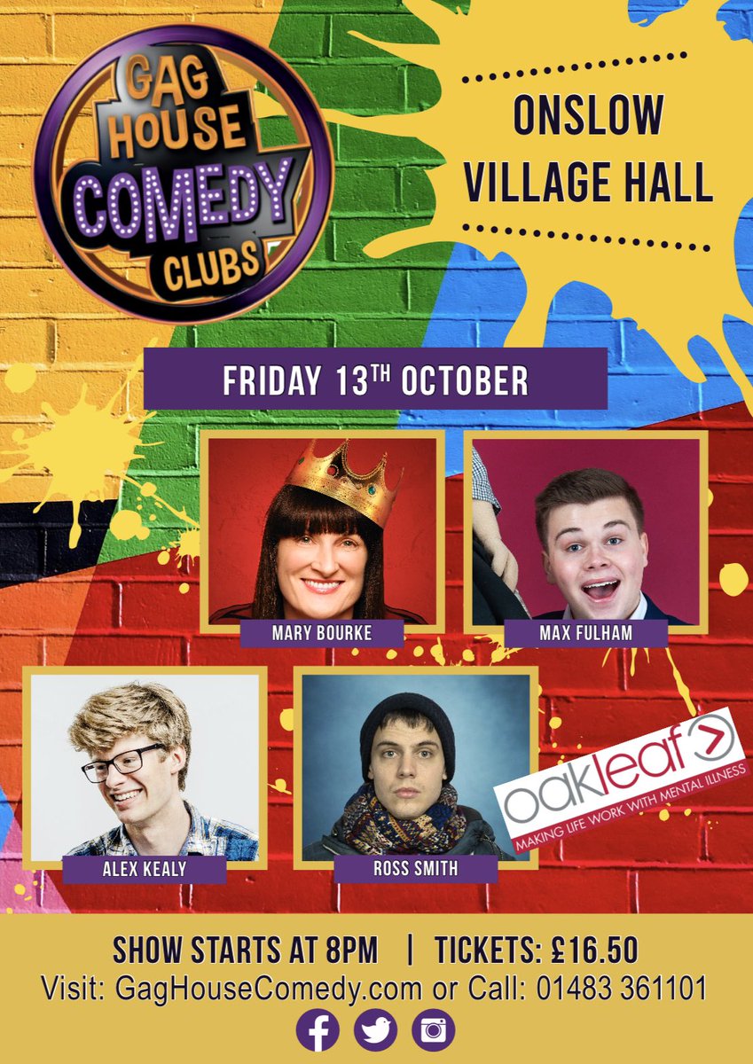 Gag House Comedy (@gaghousecomedy) on Twitter photo We need more audience for this Friday to raise money for Oakleaf, mental health charity based in Guildford. Please come and laugh with us for this brilliant cause. All profits go to the charity ❤️ 
Full info and booking: gaghousecomedy.com/events/onslow-… We need more audience for this Friday to raise money for Oakleaf, mental health charity based in Guildford. Please come and laugh with us for this brilliant cause. All profits go to the charity ❤️ 
Full info and booking: gaghousecomedy.com/events/onslow-…