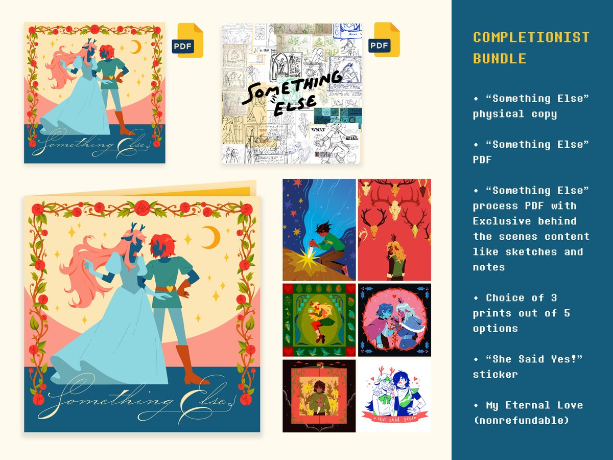 gooselycharm's tweet image. ❤📕 SHOP UPDATE 📕❤
very excited to share that the physical book of "Something Else" is now available in my shop! the standard bundle comes with a PDF version and the completionist bundle comes with extra prints, stickers, and an exclusive embarrassingly long process PDF!