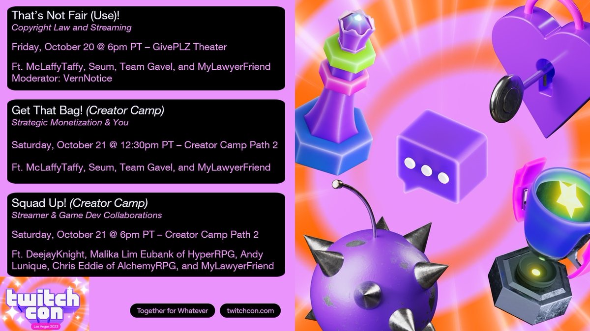 I'll be on some great panels at <a href="/TwitchCon/">TwitchCon</a> this year, including two Creator Camp panels - feel free to stop by and say hello!

If you can't make it but want to meet up, DM me or send me an email (in bio)! See y'all in Vegas.