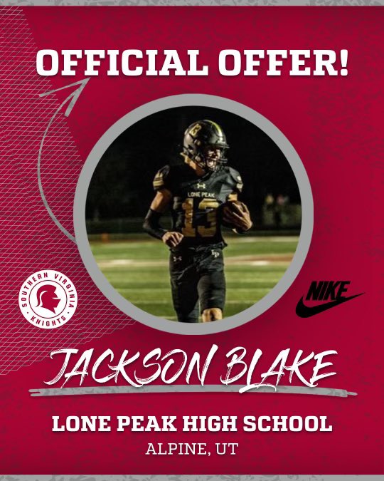 Jackson Blake (@jackson_blake4) on Twitter photo After a great call with <a href="/CoachMJMurdoch/">Mark Murdoch</a>, I’m grateful to receive an offer to play at <a href="/knight_ftbl/">SVU Knights Football</a>!
<a href="/AlphaRecruits15/">Will Snowden</a> <a href="/BlairAngulo/">Blair Angulo</a> <a href="/LPKnightsFB/">Lone Peak Knight Football</a> <a href="/BartBrockbank/">Bart Brockbank</a> After a great call with <a href="/CoachMJMurdoch/">Mark Murdoch</a>, I’m grateful to receive an offer to play at <a href="/knight_ftbl/">SVU Knights Football</a>!
<a href="/AlphaRecruits15/">Will Snowden</a> <a href="/BlairAngulo/">Blair Angulo</a> <a href="/LPKnightsFB/">Lone Peak Knight Football</a> <a href="/BartBrockbank/">Bart Brockbank</a>