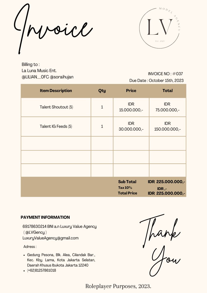 ㅤㅤ

Dear, La Luna Music Ent. 
( @LILIAN__0FC <a href="/soraihujan/">黄, 𝖯𝗋𝗂𝗆𝗋𝗈𝗌𝖾.</a> ) 

We just sent you the invoice #037. Please don't hesitate to reach out if you have any questions. We look forward to conducting our future business.

🖇️ INVOICE_LV_LILIAN

Regards,

Luxury Value Agency.

ㅤㅤ