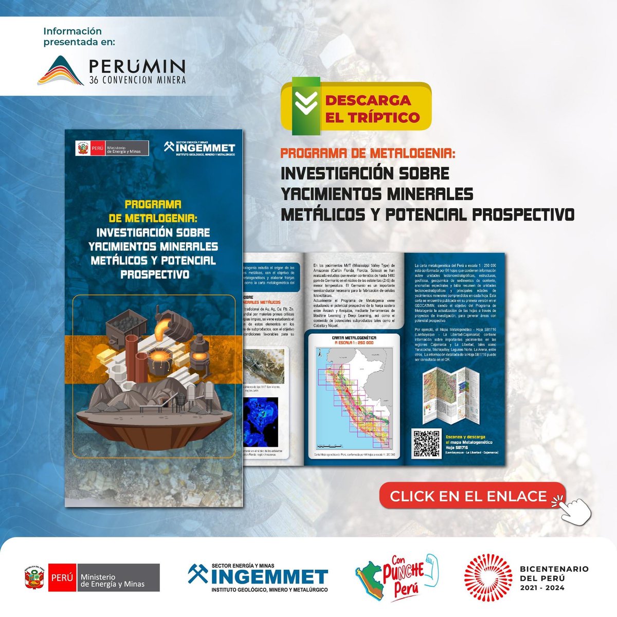 IngemmetPeru's tweet image. ✅ ¡Descarga ahora mismo el tríptico del "Programa de Metalogenia: Investigación sobre Yacimientos Minerales Metálicos y Potencial Prospectivo"! 👷‍♂️👷 

📲 Ingresa a este enlace 👉 bit.ly/46oywtx
#MineríaPeruana