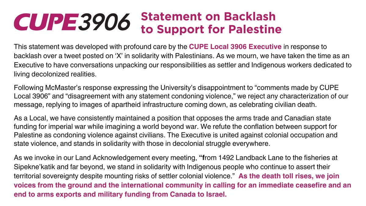 cupe_3906's tweet photo. In response to backlash over a message of solidarity with Palestinians, the Executive of CUPE Local 3906 stands united against colonial occupation and state violence and has developed the following statement with profound care. Read in full here: https://t.co/F9o9Y267ty https://t.co/e7mY5rSzQd