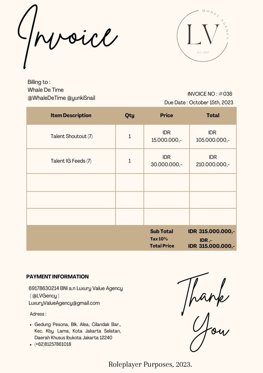 ㅤㅤ

Dear, Whale De Time
( @WhaleDeTime <a href="/yunkiSnail/">𝐿𝑜𝑠𝑒𝑟</a> ) 

We just sent you the invoice #036. Please don't hesitate to reach out if you have any questions. We look forward to conducting our future business.

🖇️ INVOICE_LV_WDTH

Regards,

Luxury Value Agency.

ㅤㅤ