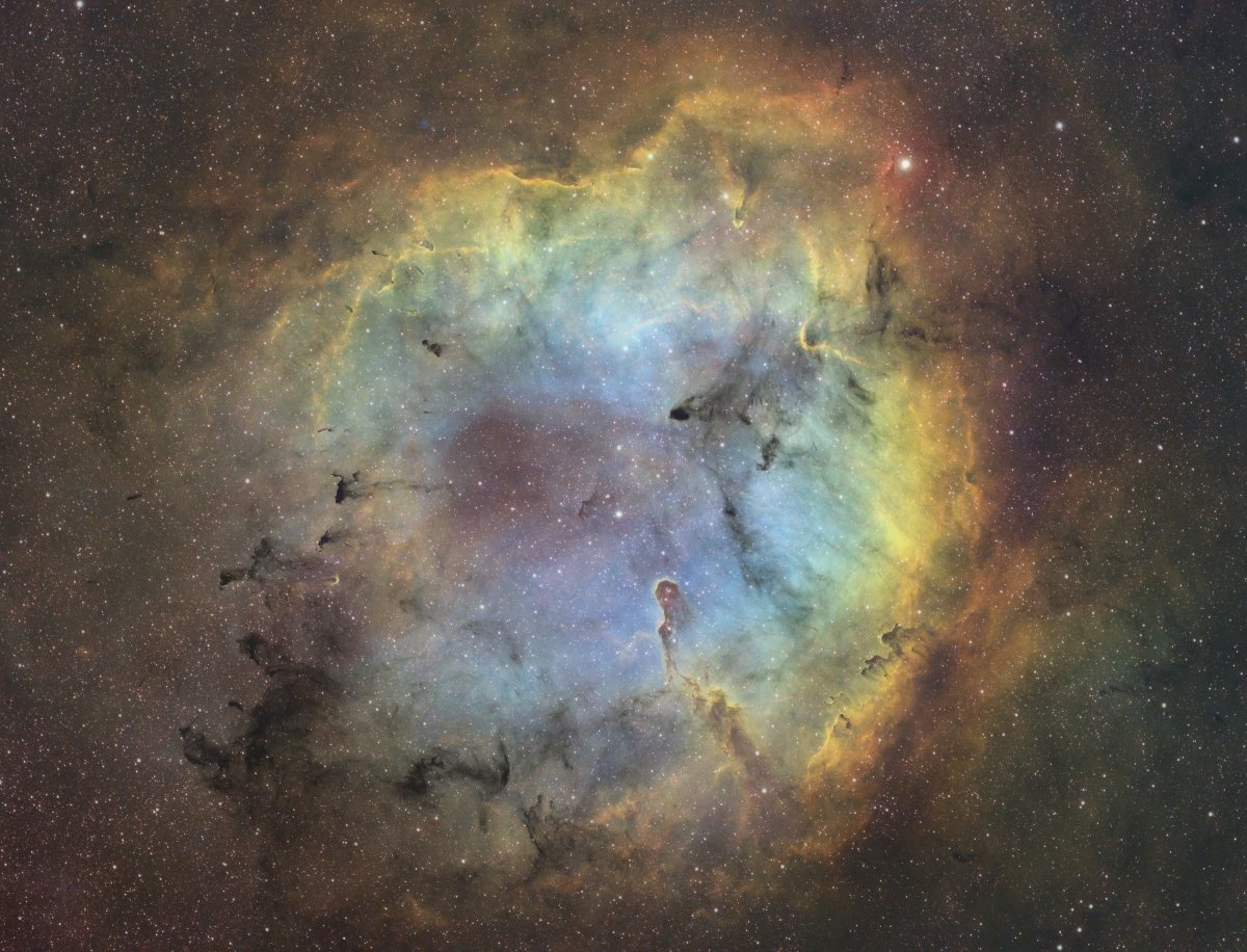 ChrisHWriter's tweet photo. I spent most of the night capturing OIII  and SII  data in the IC1396 region in Cepheus, enough to combine with last week's Ha data to create a SHO color image, mapping sulfur to red, hydrogen to green, and oxygen to blue in RGB. https://t.co/JbW7v2qikw https://t.co/fsV26DimIV