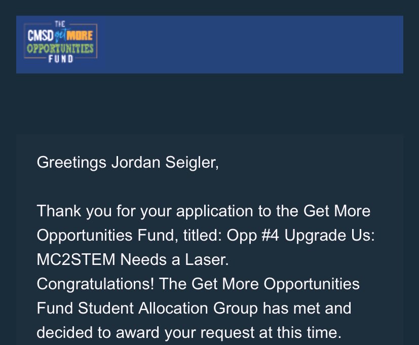 msseigler's tweet photo. All three of our grants got approved today through the Mackenzie Scott Opportunity Fund! We can’t even wait! @mc2stemglsc @CLEMetroSchools #computerscience https://t.co/3oFkrDlbfr