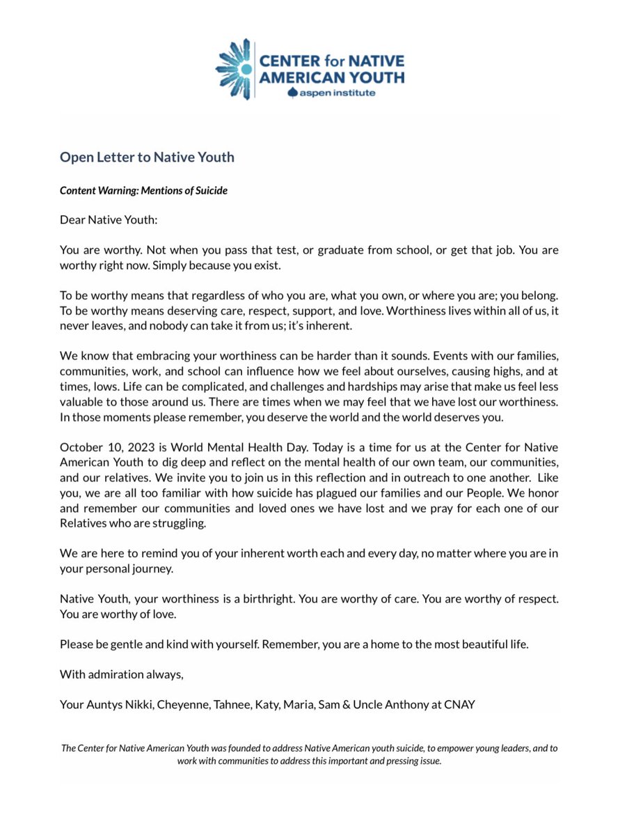On #WorldMentalHealthDay, your relatives at CNAY have an open letter to #nativeyouth. Please share with those who need to be reminded of their worthiness &amp; power. 
cnay.org/wp-content/upl…