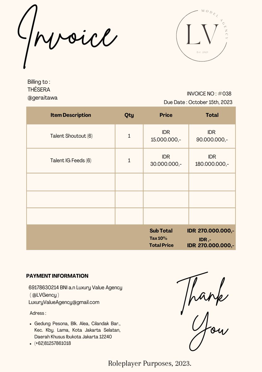 ㅤㅤ

Dear, THESÊRA 
( <a href="/geraitawa/">Keenar Rachelta A.</a> ) 

We just sent you the invoice #038. Please don't hesitate to reach out if you have any questions. We look forward to conducting our future business.

🖇️ INVOICE_LV_THESÊRA 

Regards,

Luxury Value Agency.

ㅤㅤ