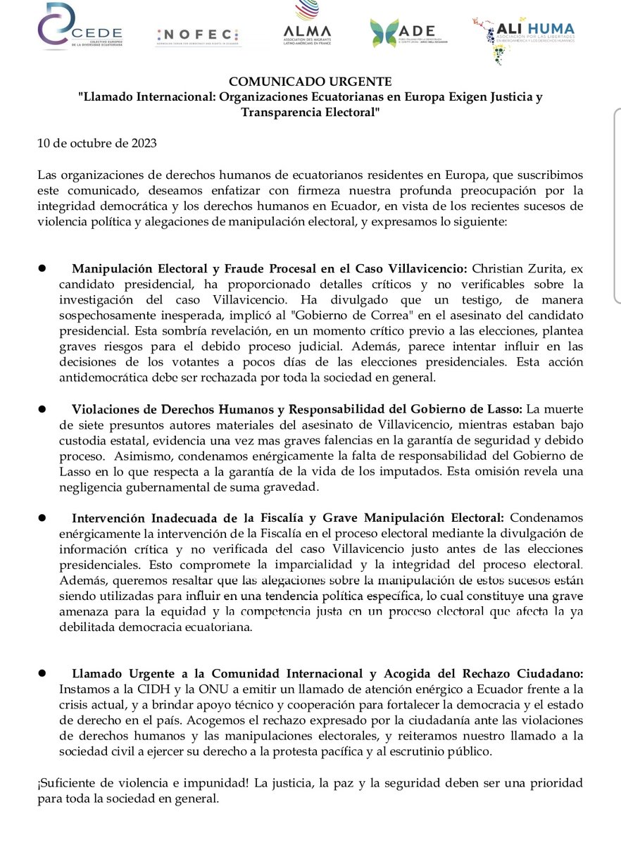 📢 COMUNICADO URGENTE | 10 de Octubre 2023 📢
Organizaciones Ecuatorianas en Europa demandan Justicia y Transparencia Electoral en Ecuador 🇪🇨 ante asesinatos, incidencias de violencia política y alegaciones de manipulación electoral.<a href="/AFPespanol/">Agence France-Presse</a> <a href="/elpais_america/">EL PAÍS América</a> <a href="/nytimeses/">NYTimes en Español</a>