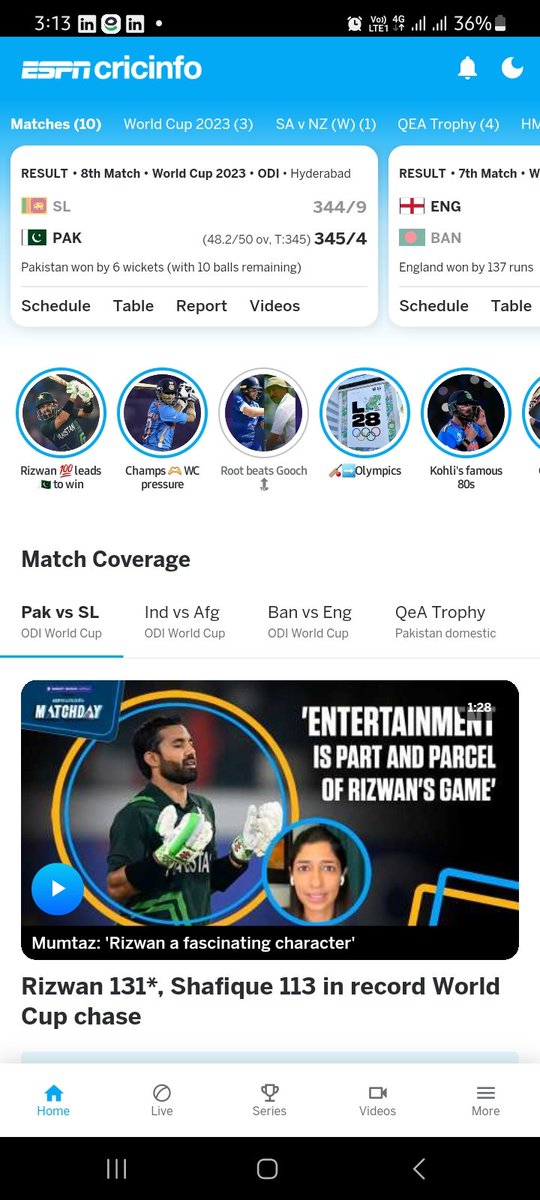 AybeeMarwat's tweet photo. This is how @ESPNcricinfo "celebrates" wins of "other" nations. For #PakistanCricketTeam record chase in #CWC2023, just a "simple" #rizwan 100 leads to win 😵‍💫😵‍💫. #Kohli 80 in chase of 200 was something greater than #riz 130+ in 344 runs chase. #DoubleStandards https://t.co/fLaFutch5a