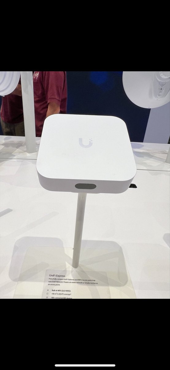 MactelecomN's tweet image. Something I’m super excited about is being showcased at wispapaloza the @Ubiquiti Unifi express

- built in wifi6 2x2 mimo
-1500 square ft coverage 
-100+ connected WiFI devices 
- 1 Gbe RJ45 WAN port
- 1 Gbe RJ45 Lan port 
-LCM screen

Looks like the USG replacement !!!!