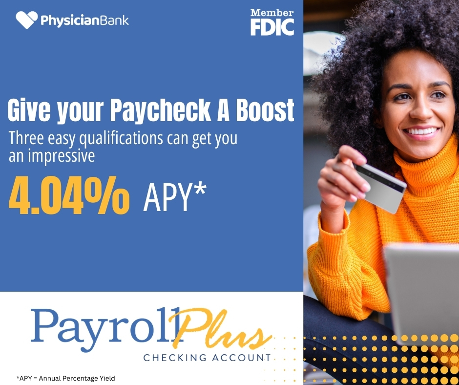 PhysicianBank's tweet image. Supercharge your paycheck with our new Payroll Plus account! Three easy qualifications can get you an impressive 4.04% APY*.
Check out Payroll Plus here: physicianbank.pulse.ly/guhicremsp
Member FDIC, APY= Annual Percentage Yield.
#PhysicianBank #InterestChecking #FinanceNews #Money