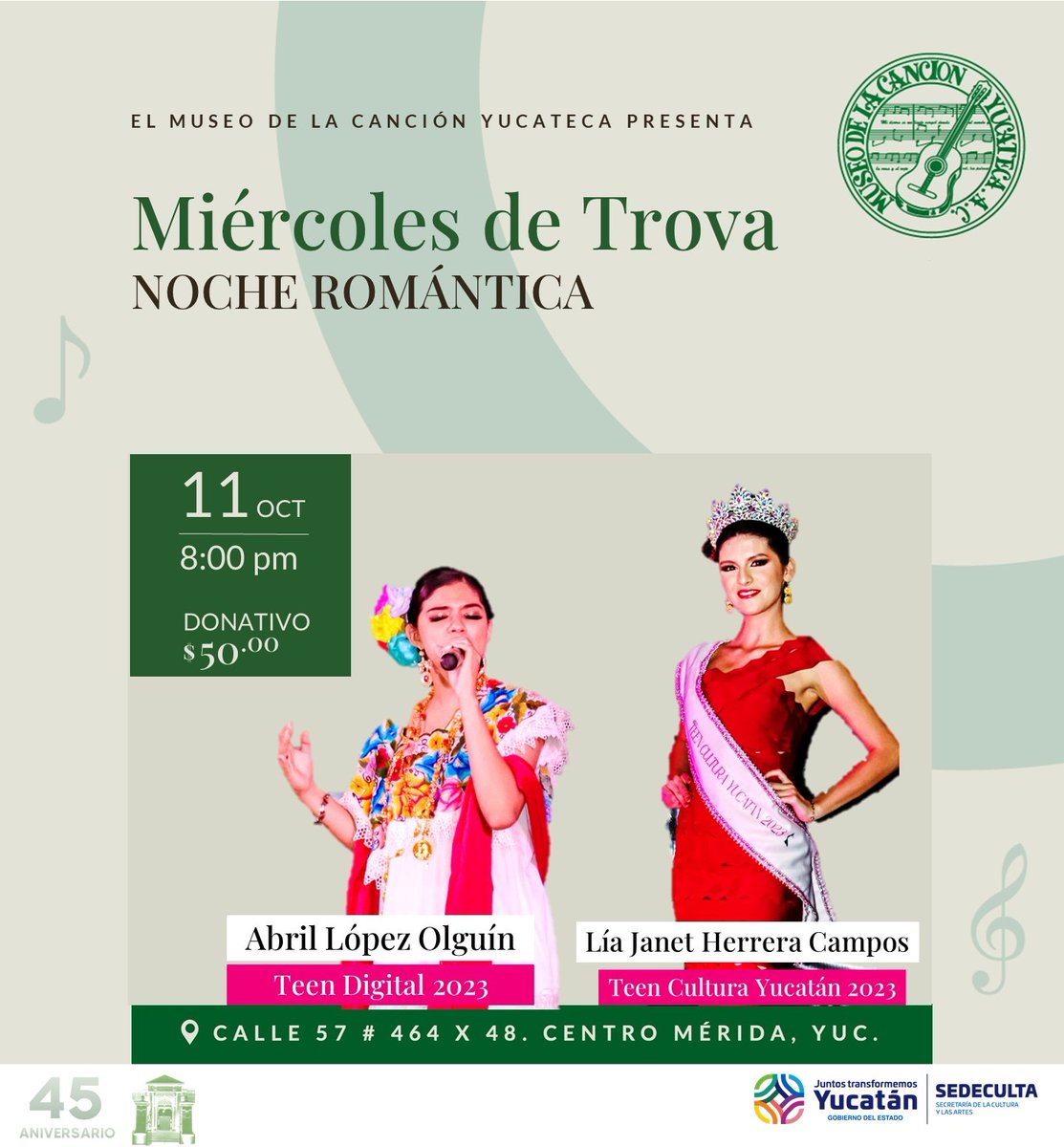 Este miércoles 11 de octubre a las 8:00 de la noche te invitamos a disfrutar la voz de  jóvenes intérpretes en un concierto de música tradicional yucateca.
¡¡ No faltes  !!

#ViveLaTrovaYucateca