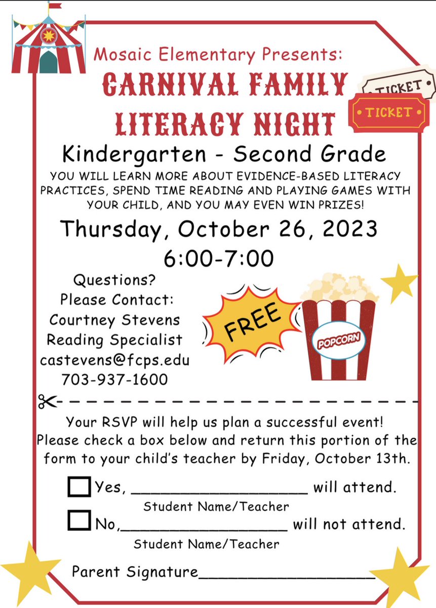 Calling all <a href="/Mosaic_ES/">Mosaic Elementary School</a> Kindergarten, 1st, and 2nd grade families-Step Right Up!  Our Carnival Family Literacy Night planning is on track and we hope you will join us for the ride!  See below for more details and make sure you RSVP by Friday! 🎢🎪🎡