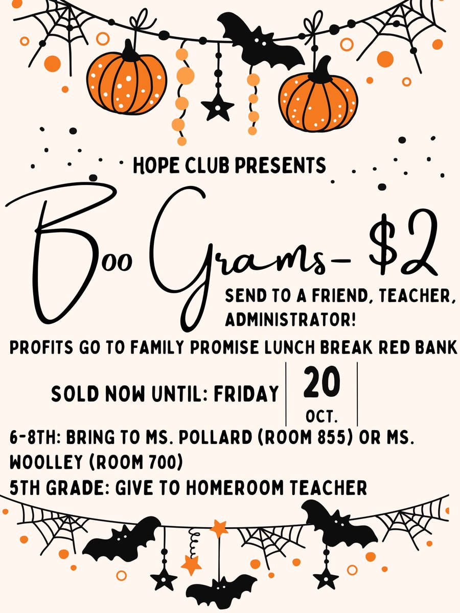 Boo Grams are on sale NOW through October 20th! Students received a paper in homeroom with Boo Gram strips to purchase to send to a friend, teacher or themselves  for 2 dollars each. Send a sweet treat and help people in need along the way! See the poster for how to buy