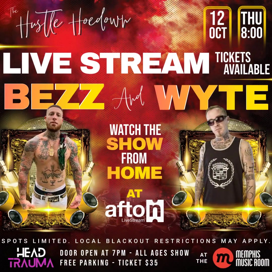 Can't make it to Memphis? No problem, you can catch the Hustle Hoedown Pay-per-view at Afton Livestream. 

Live Stream Tickets: aftontickets.com/event/buybroad…

Lineup: <a href="/Lil_Wyte_/">LIL WYTE</a>  <a href="/bezzbelieveusa/">Bezz Believe</a> <a href="/Official2STONED/">#2STONED</a> <a href="/suavojones/">Suavo J</a> and more. 
Date: Thursday October 12, 2023
Time: 8:00 PM