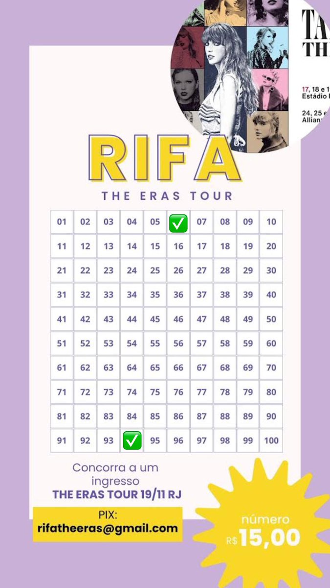 fairystudies's tweet image. RIFA PISTA 19/11 ESSE SETOR PEGA PISTA E CADEIRA 
- 2 NÚMEROS POR 20 REAIS
- RT PARA AJUDAR ❤️❤️❤️
#TheErasTourRJ #NiltonSantos #Engenhão