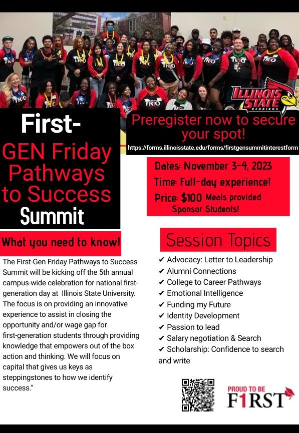 Help first-generation students achieve academic and overall success.
This November, TRiO will be hosting its 5th Annual First-Gen Summit.
The goal is to cover the costs for first-generation Redbirds.

This year's theme is: Pathways to Success.
buff.ly/46tZGzl