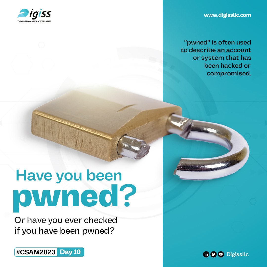 Digissllc's tweet image. PWNED is often used to describe an account or system that has been hacked or compromised. For example, if your email account is pwned, it means that an attacker has gained access to your account and may be able to read your emails or send emails on your behalf.
#CSAM23
1/3