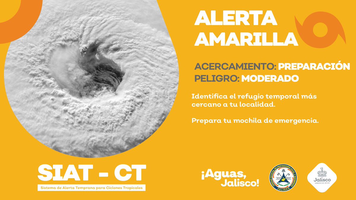 PCJalisco's tweet photo. #AlMomento 🚨 El Sistema de Alerta Temprana para Ciclones Tropicales #SIAT establece las siguientes Alertas para Jalisco ante el paso del Huracán #Lidia 🌀:

🔴 Alerta Roja - Noroeste y Suroeste
🟠 Naranja - Centro
🟡 Amarilla - Noreste y Norte
🟢 Verde - Sureste

1/2 https://t.co/AkNtl3HfCP