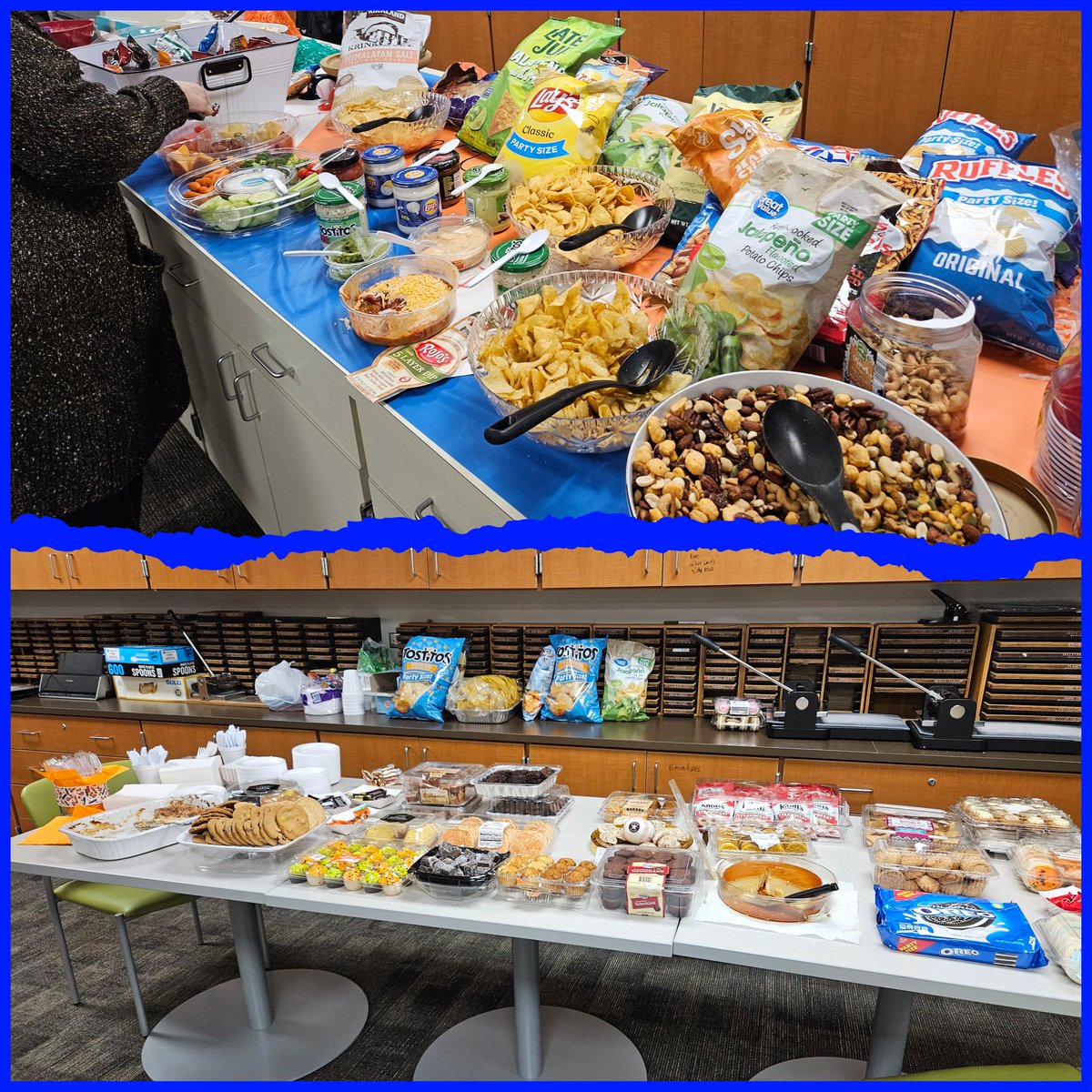 Astros #Sweet VS. #Salty day! Our staff @CFISDWilson showed up! Looks like SWEETS won! 🧡💙 Let's go, #astros #sweettreats #saltysnacks