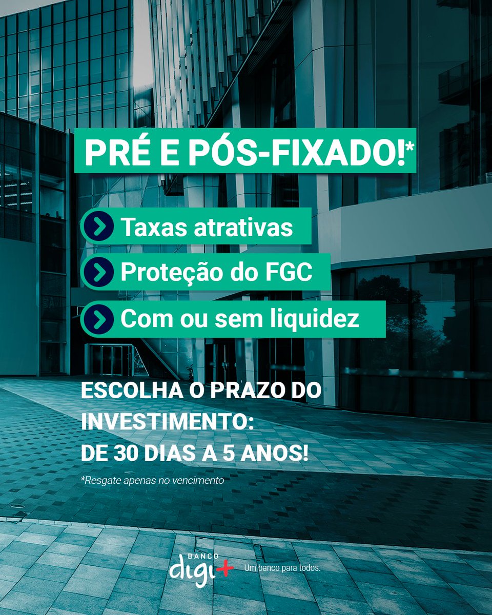 Bancodigimais's tweet photo. Invista no CDB pré-fixado e pós-fixado! 📈

É a escolha perfeita para quem quer iniciar no mundo dos investimentos, e você pode começar a partir de R$100,00!

Acesse o nosso app e torne-se um investidor!

#digimais #bancodigimais #bancodigital #bancoonline #app #portaldigimais https://t.co/S1pknKUlR0