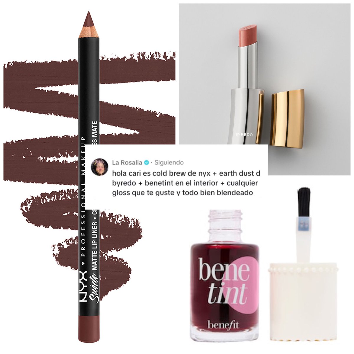 MOTOMAMlTOUR's tweet photo. Rosalía ha compartido su "lip combo" a través de TikTok:

• Perfilador Cold Brew de NYX
• Pintalabios Earth Dust de Byredo
• Benetint de Benefit 
• Gloss a elección https://t.co/wIwVMAwqM3