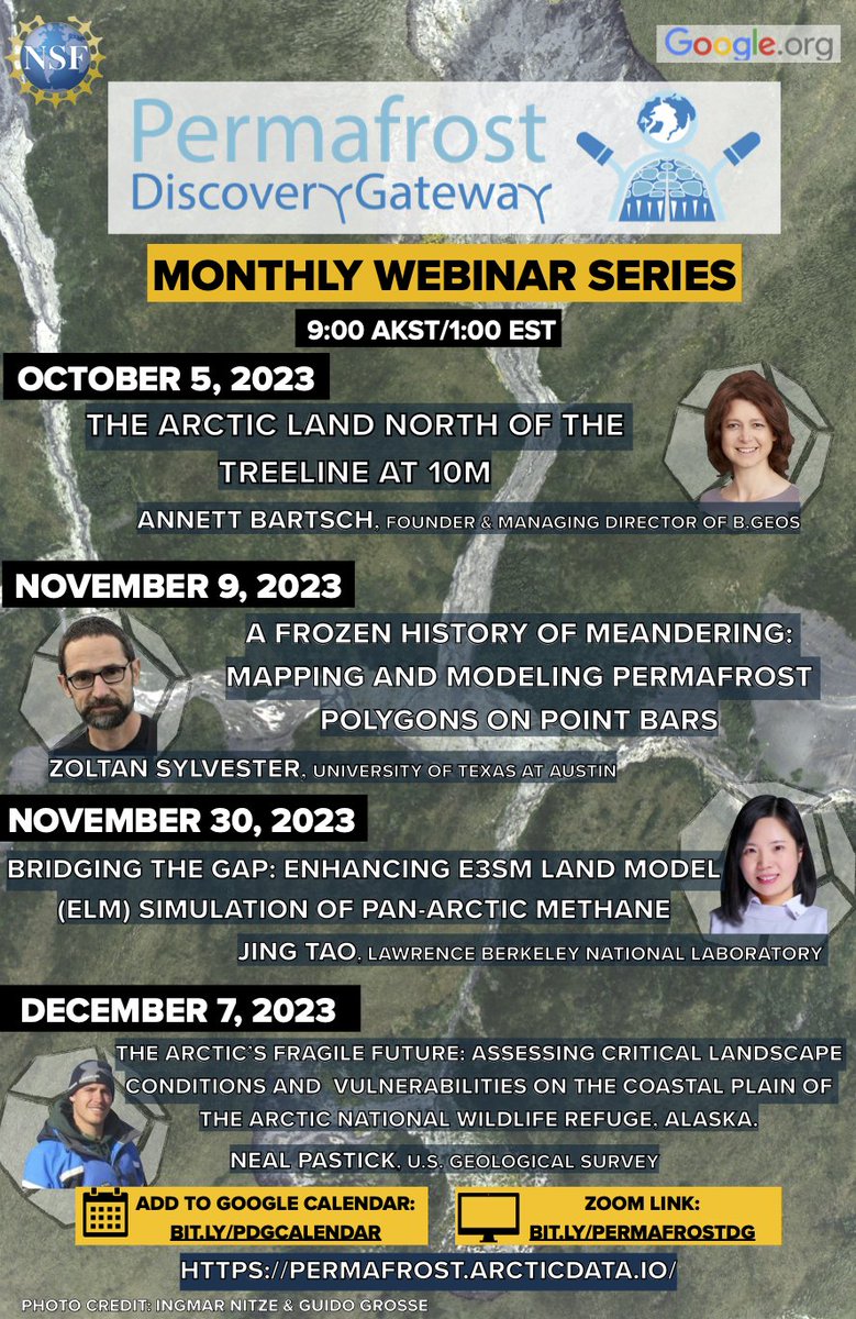 We are excited to announce the upcoming Permafrost Discovery Gateway monthly #webinars for this fall! Our leads will present topics ranging from #permafrost, big data, to remote sensing.❄️ Please join us, you can add the schedule to your calendar: tinyurl.com/PDGwebinars
