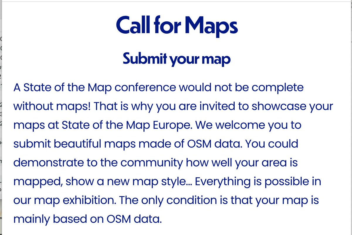 Call for Maps! The planners of #sotmeu are accepting submissions of #openstreetmap-based maps for the event's map exhibition: stateofthemap.eu/call-for-maps Deadline is October 18, 12:00 GMT