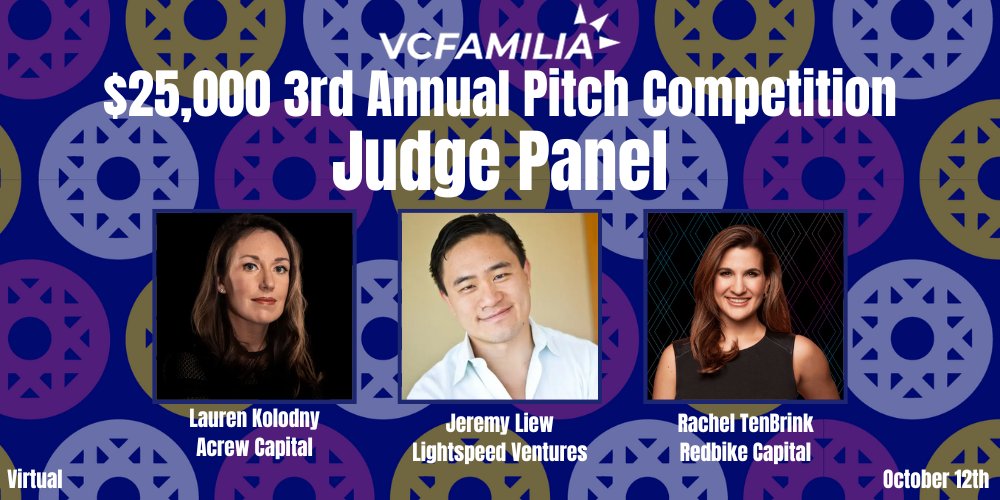 Join us for our 3rd Annual Pitch Competition on October 12th! Applications were reviewed by VCF investors & 8 finalists will now pitch to our panel of high-profile VCs: @Laurenkolodny, @JeremysLiew, & @rtenbrink1 for the chance to win $25,000! RSVP here: lu.ma/rpxewd6g