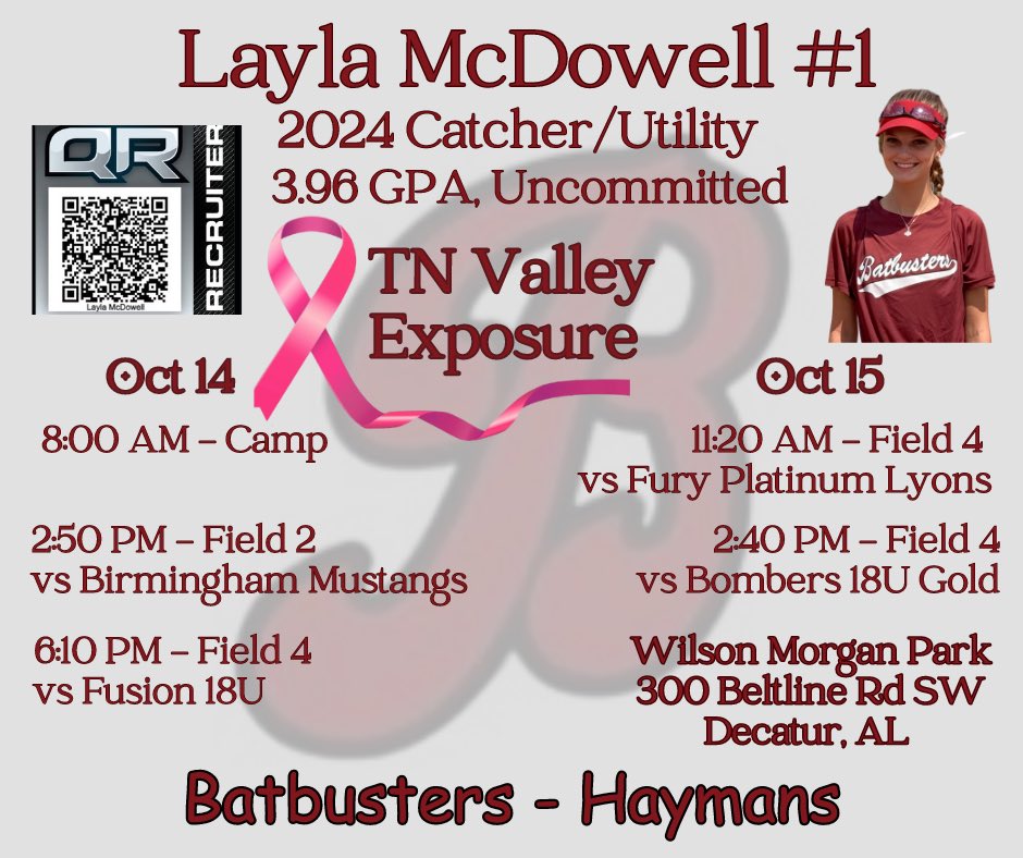 Layla McDowell (@laylamaeeeee) on Twitter photo Another weekend living the dream with <a href="/BatbustersH/">Batbusters Haymans</a> . If you can make it to Decatur, AL, I have several uncommitted teammates! TN Valley Exposure is always a great event. <a href="/QrRecruiter/">QR RECRUITER</a> <a href="/TopPreps/">SPORTS NEWS, VIDEOS, GRAPHICS, EXPOSURE & MORE</a> <a href="/SnapMyAd/">🙋🏾♀️🥎</a> Another weekend living the dream with <a href="/BatbustersH/">Batbusters Haymans</a> . If you can make it to Decatur, AL, I have several uncommitted teammates! TN Valley Exposure is always a great event. <a href="/QrRecruiter/">QR RECRUITER</a> <a href="/TopPreps/">SPORTS NEWS, VIDEOS, GRAPHICS, EXPOSURE & MORE</a> <a href="/SnapMyAd/">🙋🏾♀️🥎</a>