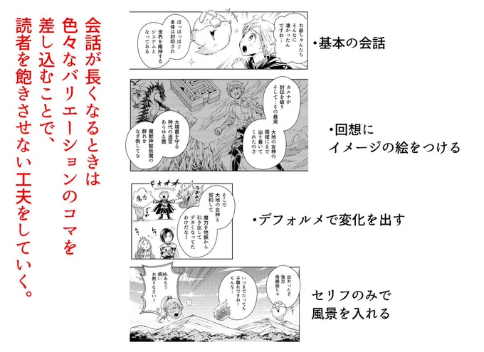 会話シーンを魅力的に見せる方法をまとめました!  漫画で会話が長くなると、読者が飽きてしまう可能性があるので、見せる絵にテクニックを使って魅力的に見せていきましょう～!