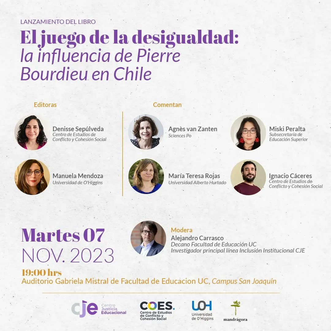 denissesep's tweet photo. Junto con @ManuelaMend0za estamos muy contentas de anunciarles el lanzamiento del libro "El juego de la desigualdad: la influencia de Pierre Bourdieu en Chile. Este será el 7/11/23 a las 19:00 horas, en el auditorio Gabriela Mistral, Facultad de Educación, PUC. Todes invitades!! https://t.co/JRbBXC4sWm