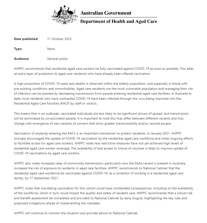 BigBadDenis's tweet photo. Committee (AHPPC) statement on residential aged care worker COVID-19 vaccination.

A statement from the Australian Health Protection Principal Committee (AHPPC) on residential aged care worker COVID-19 vaccination.

Source: https://t.co/e2zAcQpGdQ https://t.co/mOoipdwiUr