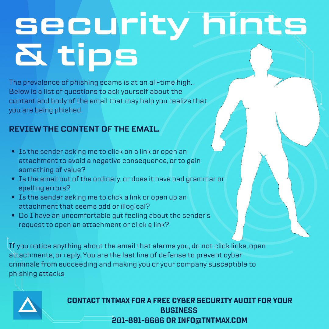 TNTMAX's tweet photo. With #phishing scams at an all time high, it’s important to ask yourself these four questions when you get an unexpected email. 

#CybersecurityAwarenessMonth #cybersecurity #phishingattack https://t.co/C1HKacyz4W