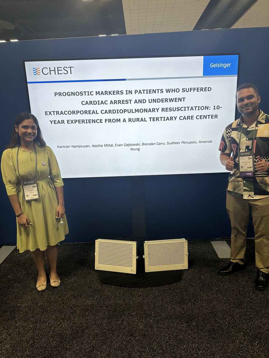 Rapid fire presentation on prognostic markers in patients with eCPR at Geisinger. Join us in rapid area 1C. Thanks to Drs. @penupolu and Dr. @brendan_carry for mentorship and guidance. #CHEST2023 #CHESTSoMe #eCPR #CHESTTrainees @accpchest @Geisinger_IM @geisingerPCCM